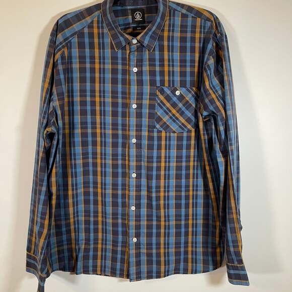 Volcom Blue Yellow Plaid Long Sleeve Button-Up Shirt Size XL - Picture 1 of 5